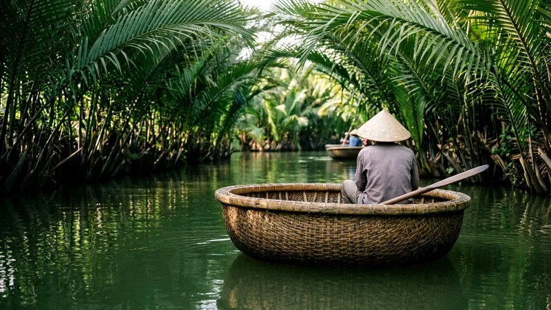Round bamboo basket boat on still water beneath nipa palm fronds