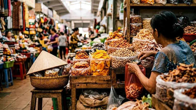 Market stall at Han Market with dried seafood, fruit and woven baskets